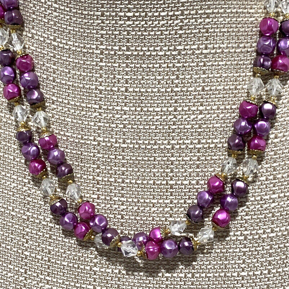 Double strand beaded necklace purples & pink clear faceted beads retro romantic - Picture 3 of 4